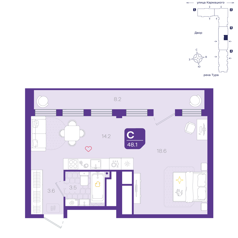 Планировка: Студия 48.1 м² в ЖК Космо, 5-й Заречный