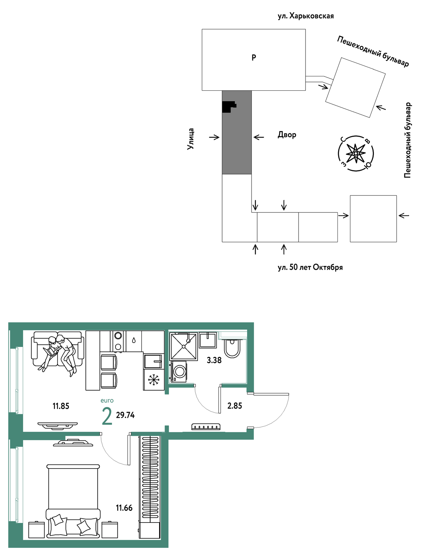 Планировка: 1-комнатная 29.7 м² в ЖК Сердце Сибири, Центр: КПД