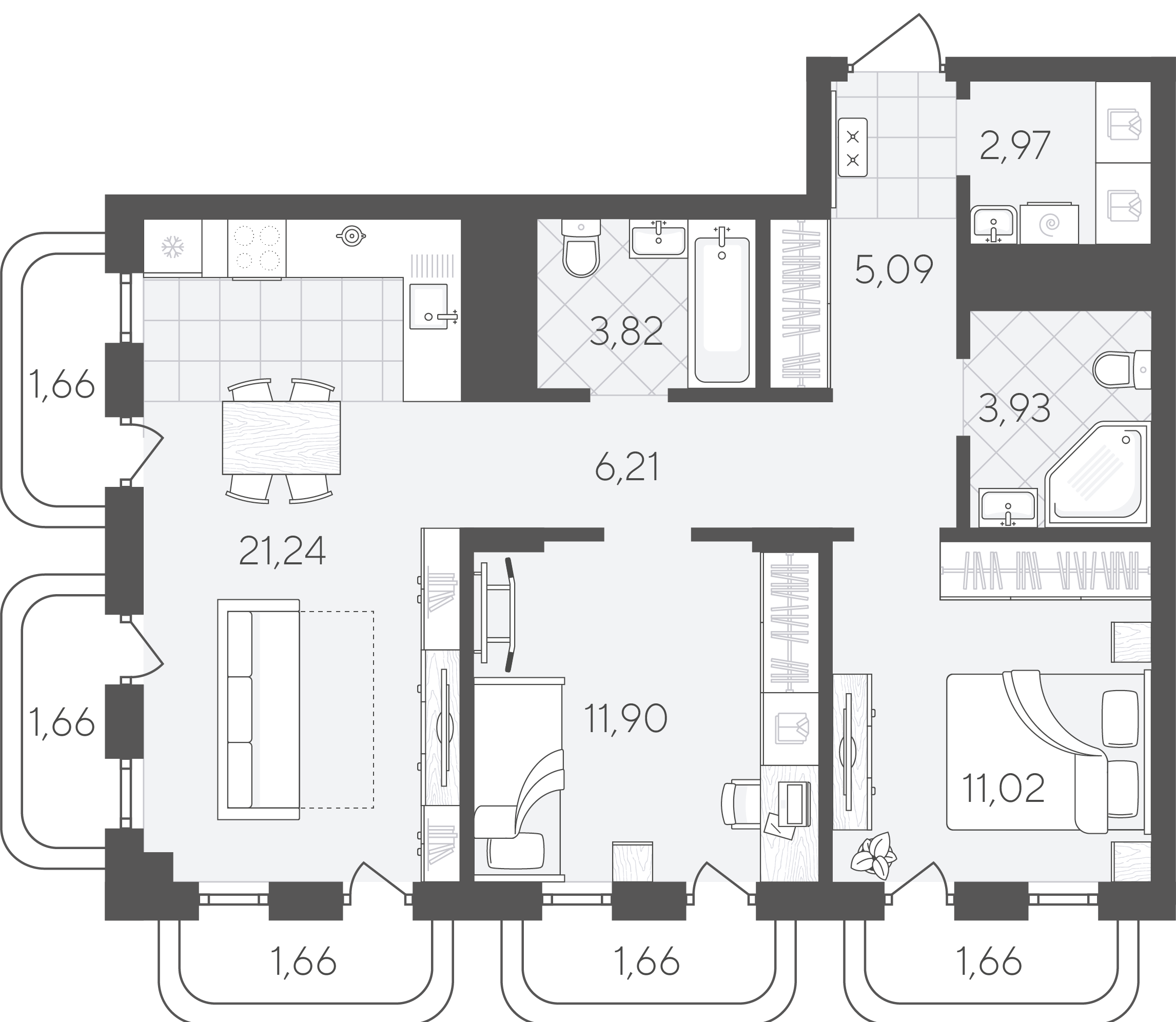 Планировка: Евротрешка 74.5 м² в ЖК Скандиа. Квартал в Слободе, Тюменская слобода