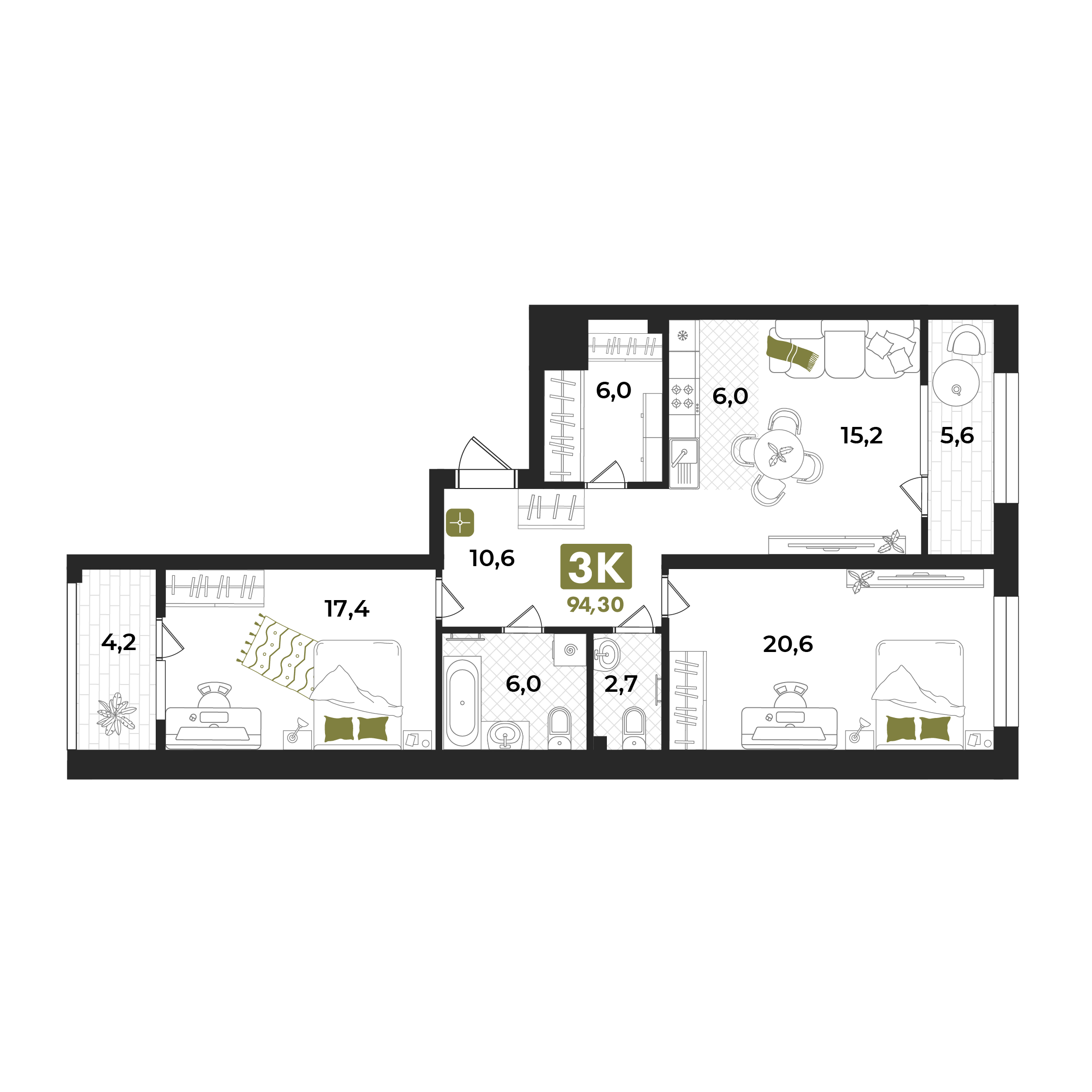 Планировка: Евротрешка 94.3 м² в ЖК Авторский проект "Опера", 5-й Заречный