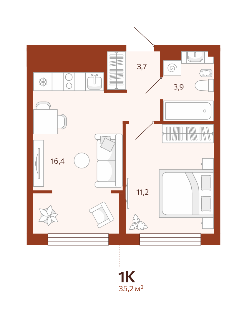 Планировка: Евродвушка 35.2 м² в ЖК Новатор, Центр: КПД