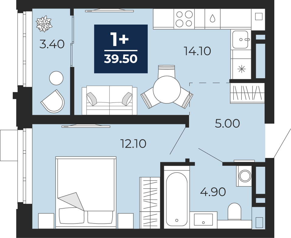 Планировка: Евродвушка 36.1 м² в ЖК Айвазовский, 5-й Заречный