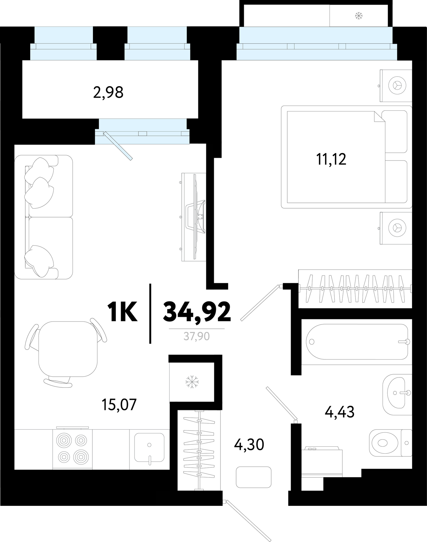 Планировка: Евродвушка 34.9 м² в ЖК Символ, Комарово Парк