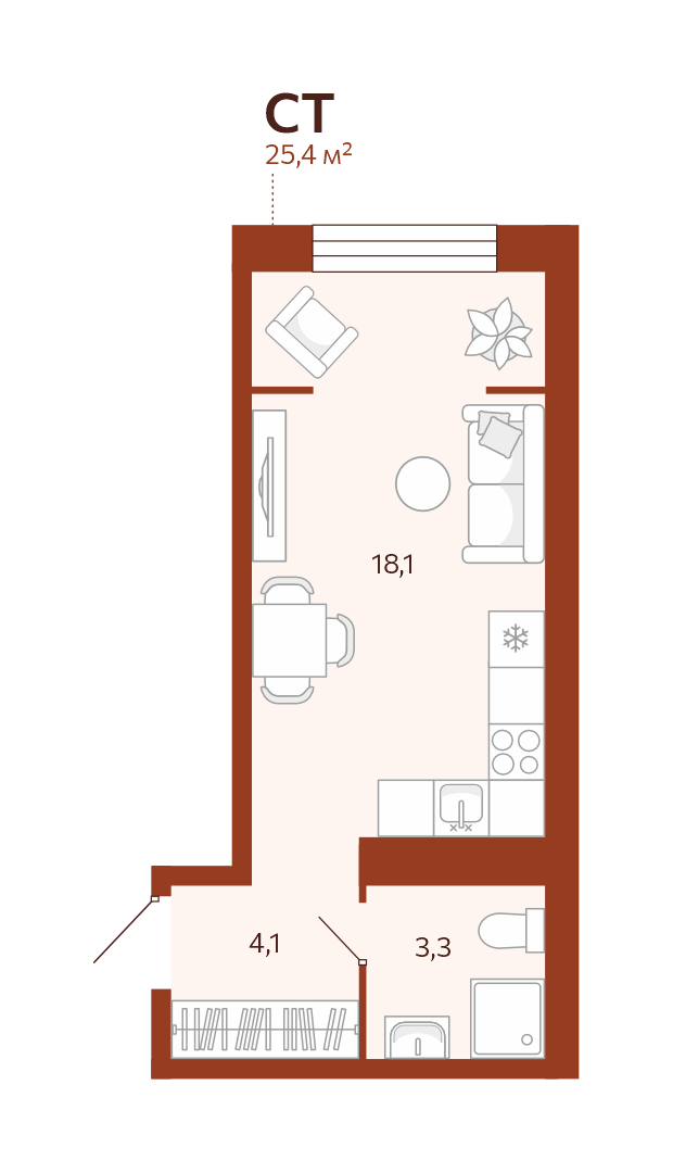 Планировка: Студия 25.4 м² в ЖК Новатор, Центр: КПД