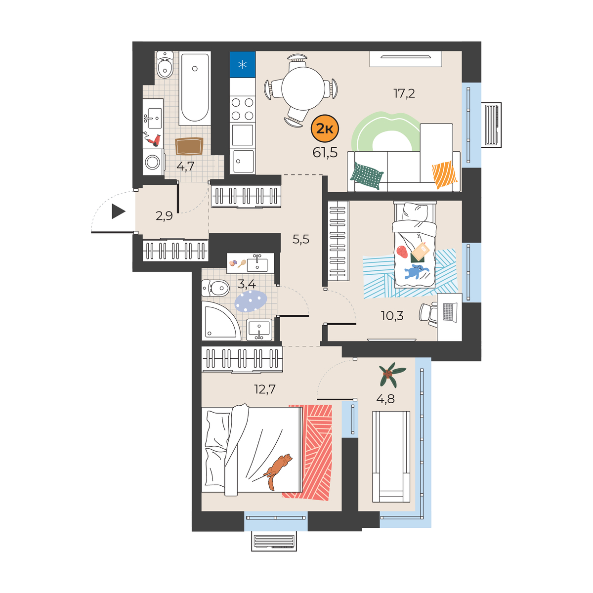Планировка: Евротрешка 58.1 м² в ЖК Корней, Южный