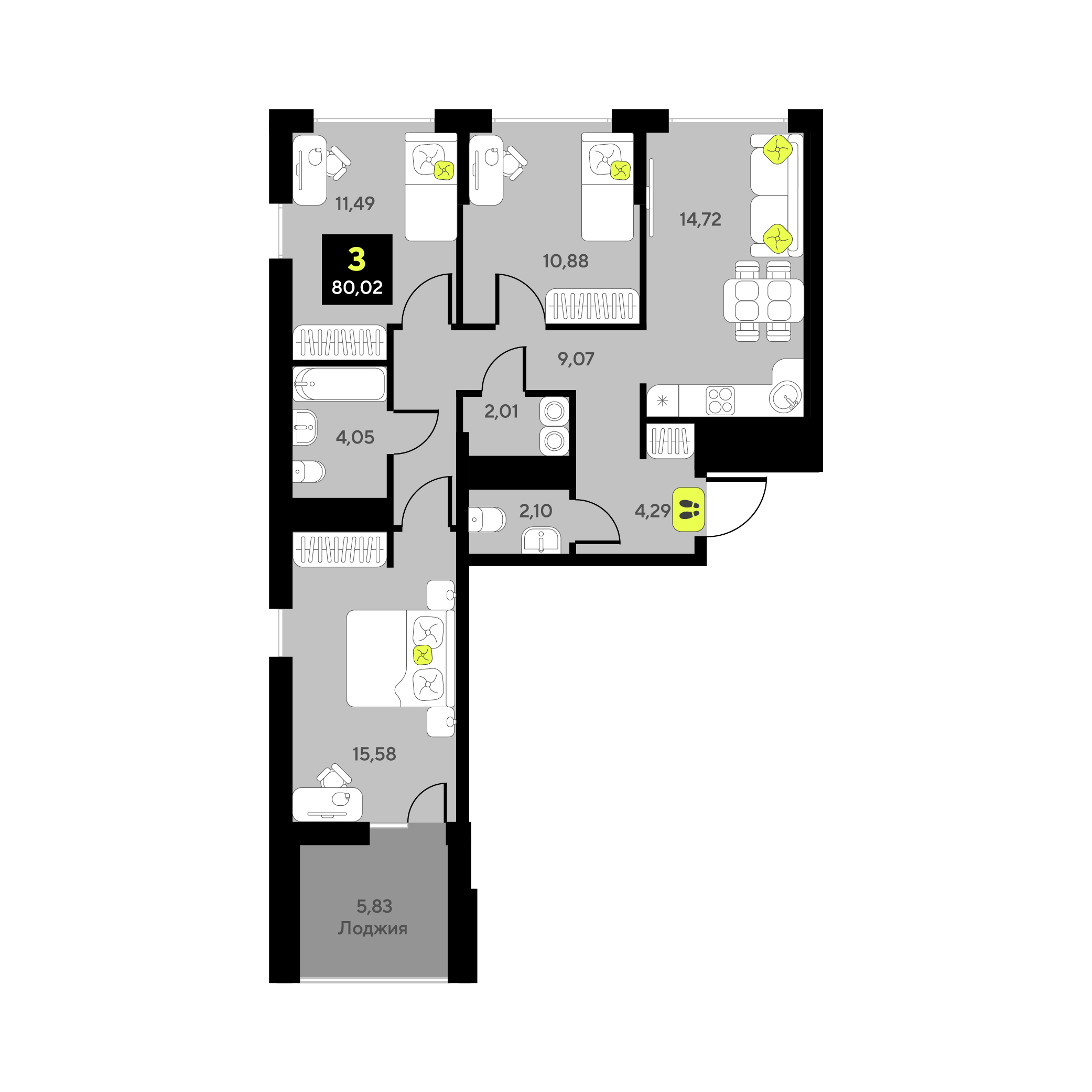 Планировка: 4-комнатная евро 80 м² в ЖК Мотивы, От Плеханова до Южного