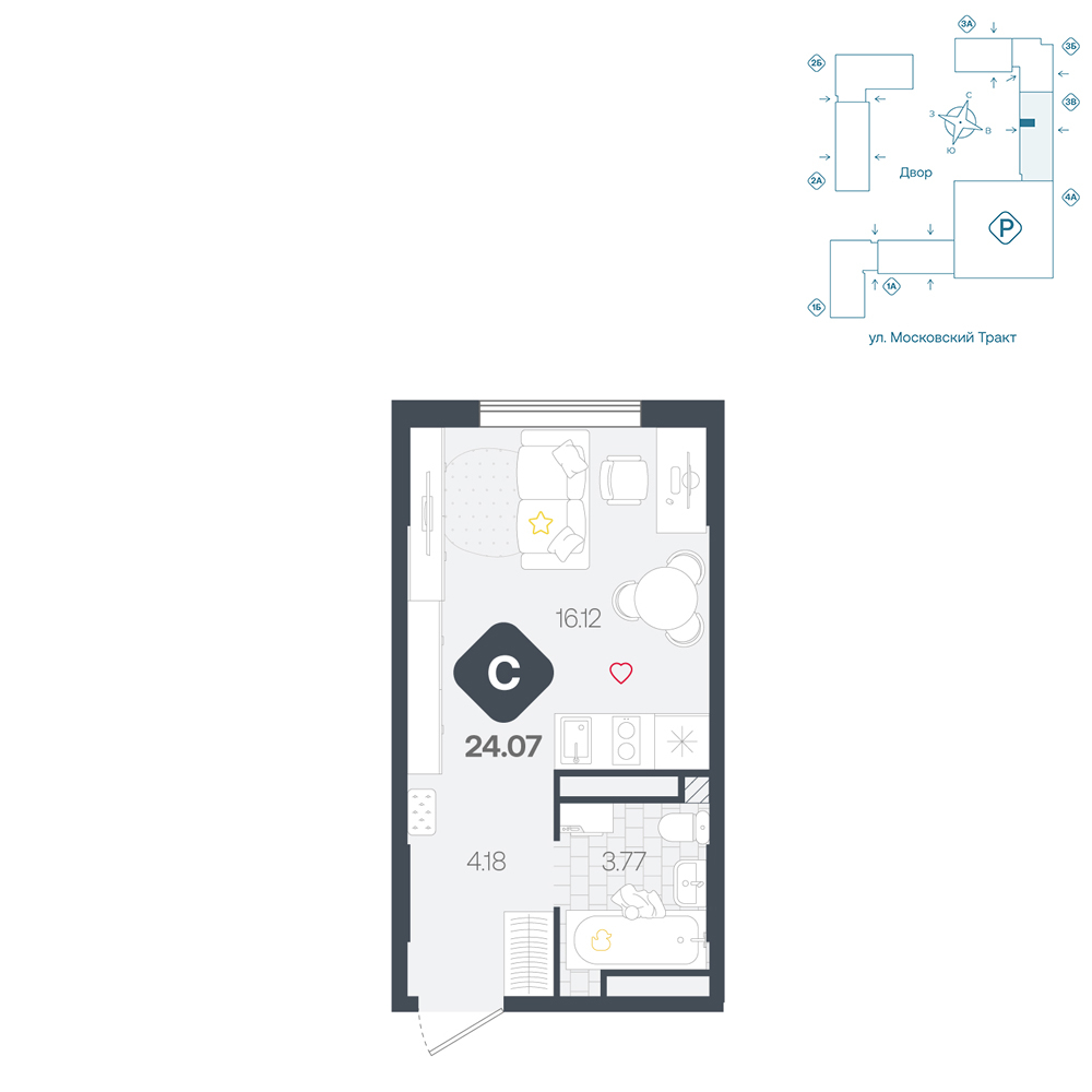 Планировка: Студия 24.1 м² в ЖК Сибирский, Московский тракт