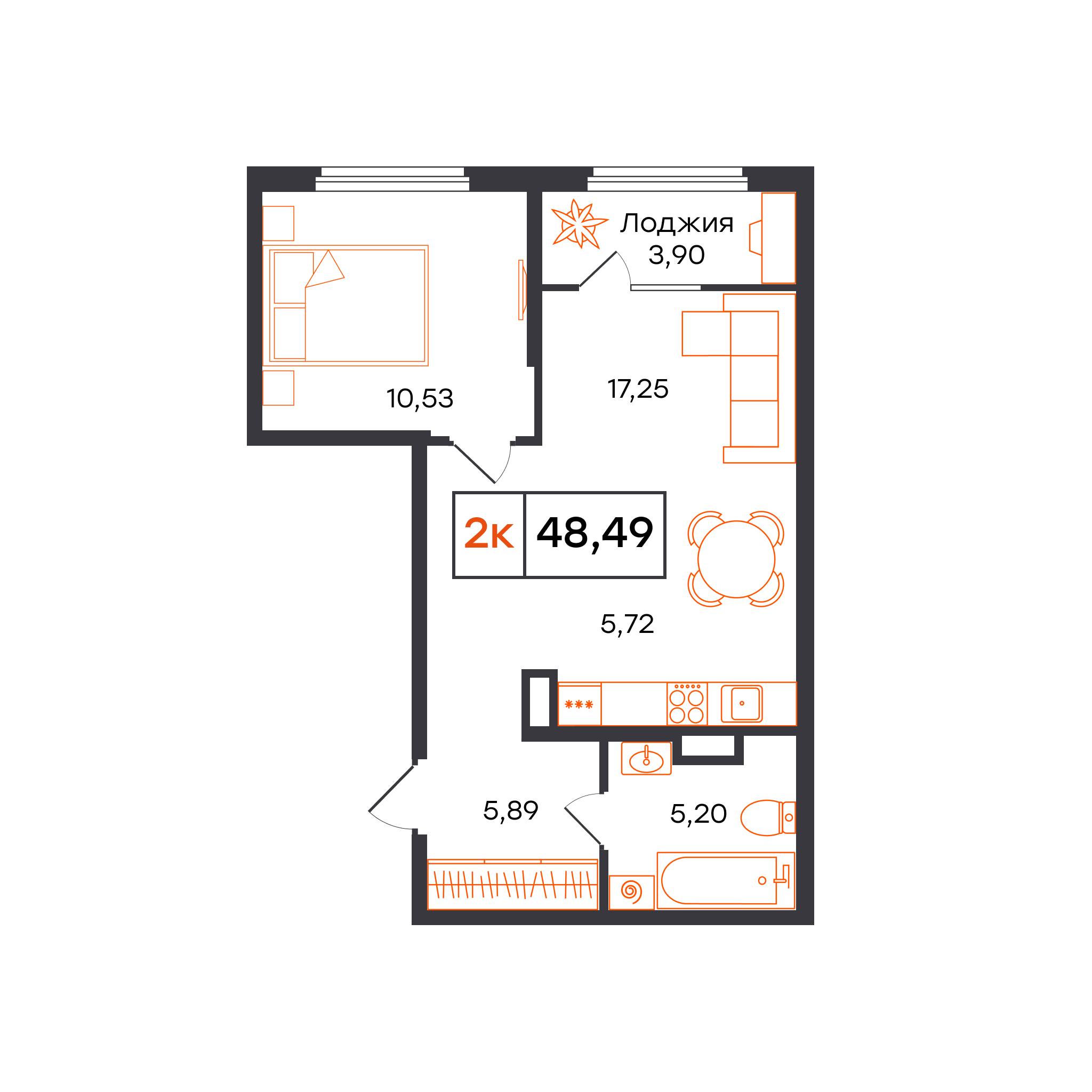 Планировка: Евродвушка 48.5 м² в ЖК Отличие, Комарово Парк