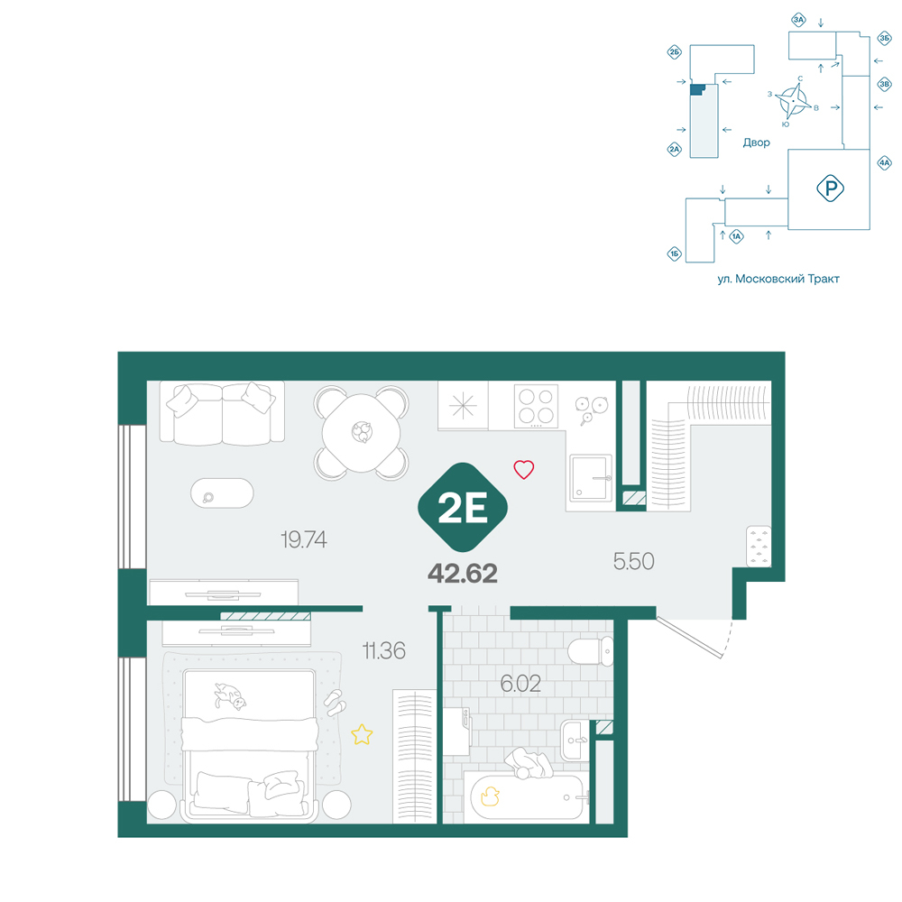 Планировка: Евродвушка 42.6 м² в ЖК Сибирский, Московский тракт