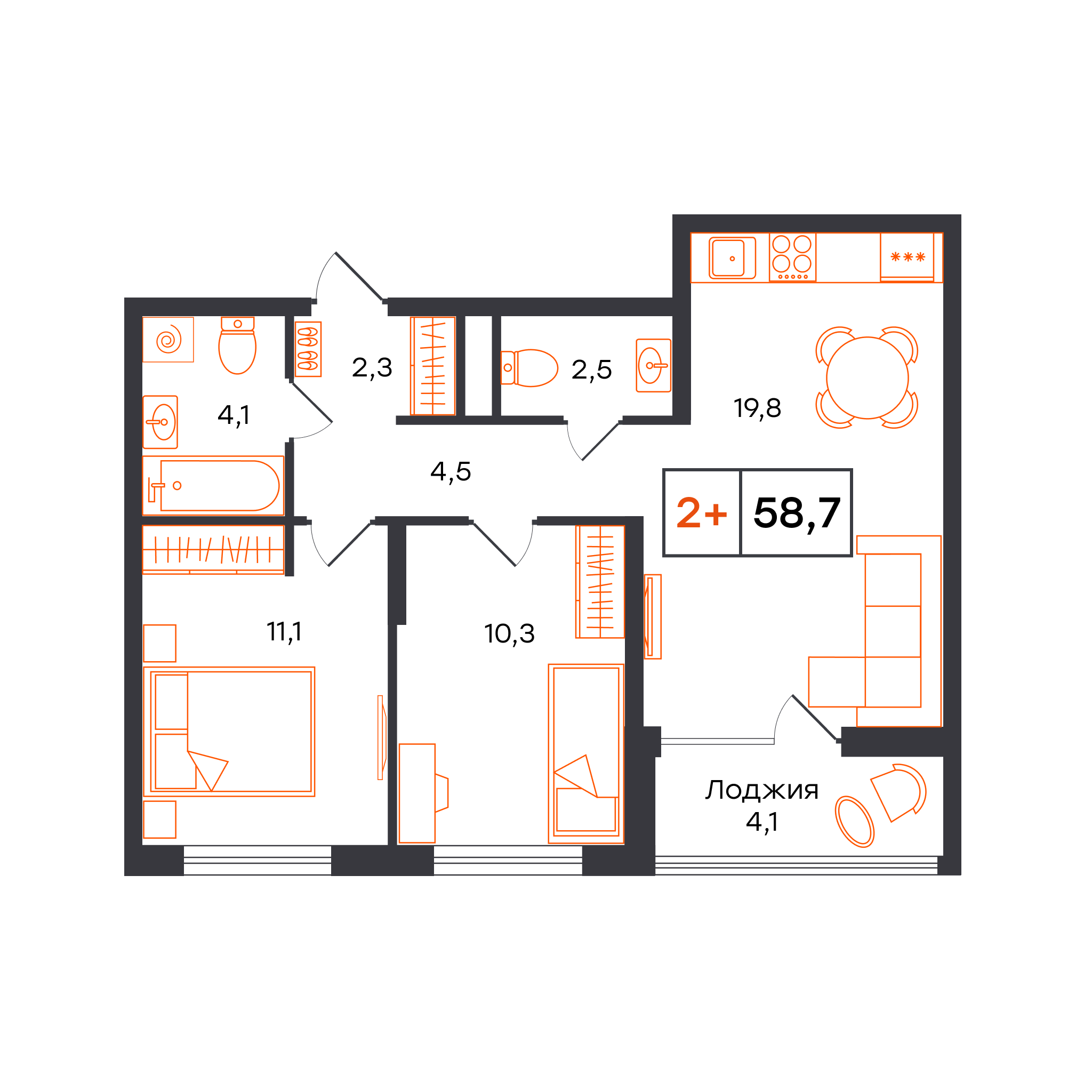 Планировка: Евротрешка 58.7 м² в ЖК Чемпионский, Чемпионский