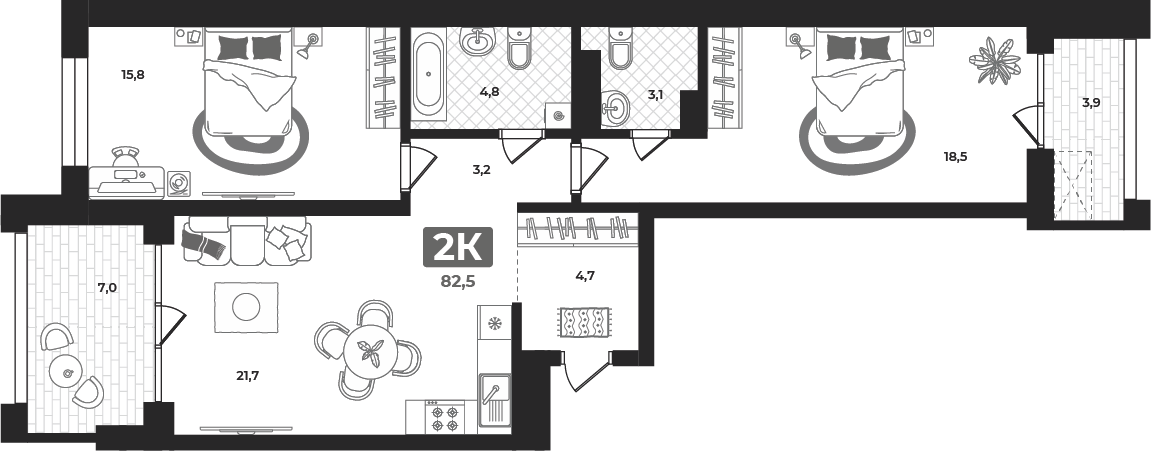 Планировка: Евротрешка 82.7 м² в ЖК Маэстро, 5-й Заречный