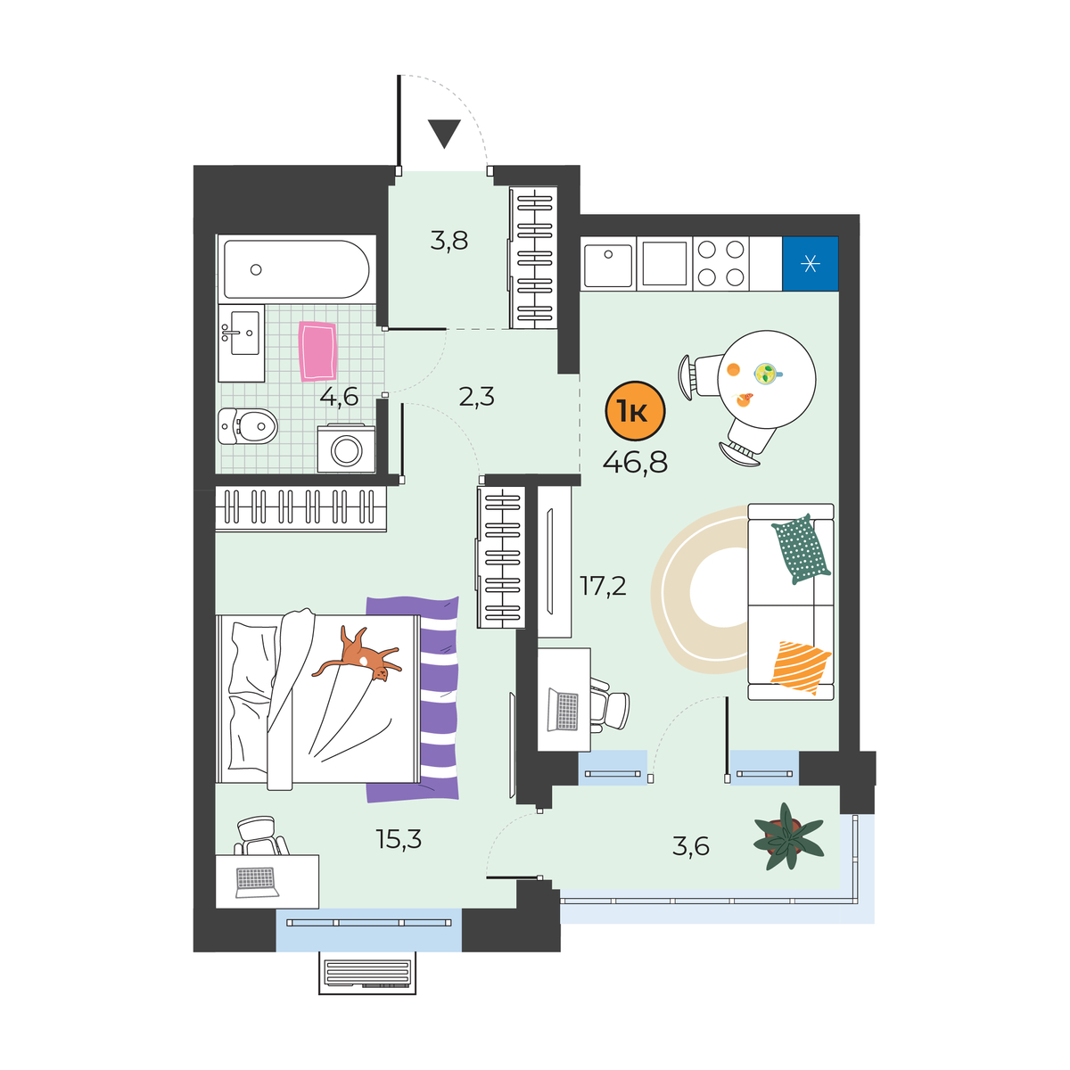 Планировка: Евродвушка 44.3 м² в ЖК Корней, Южный