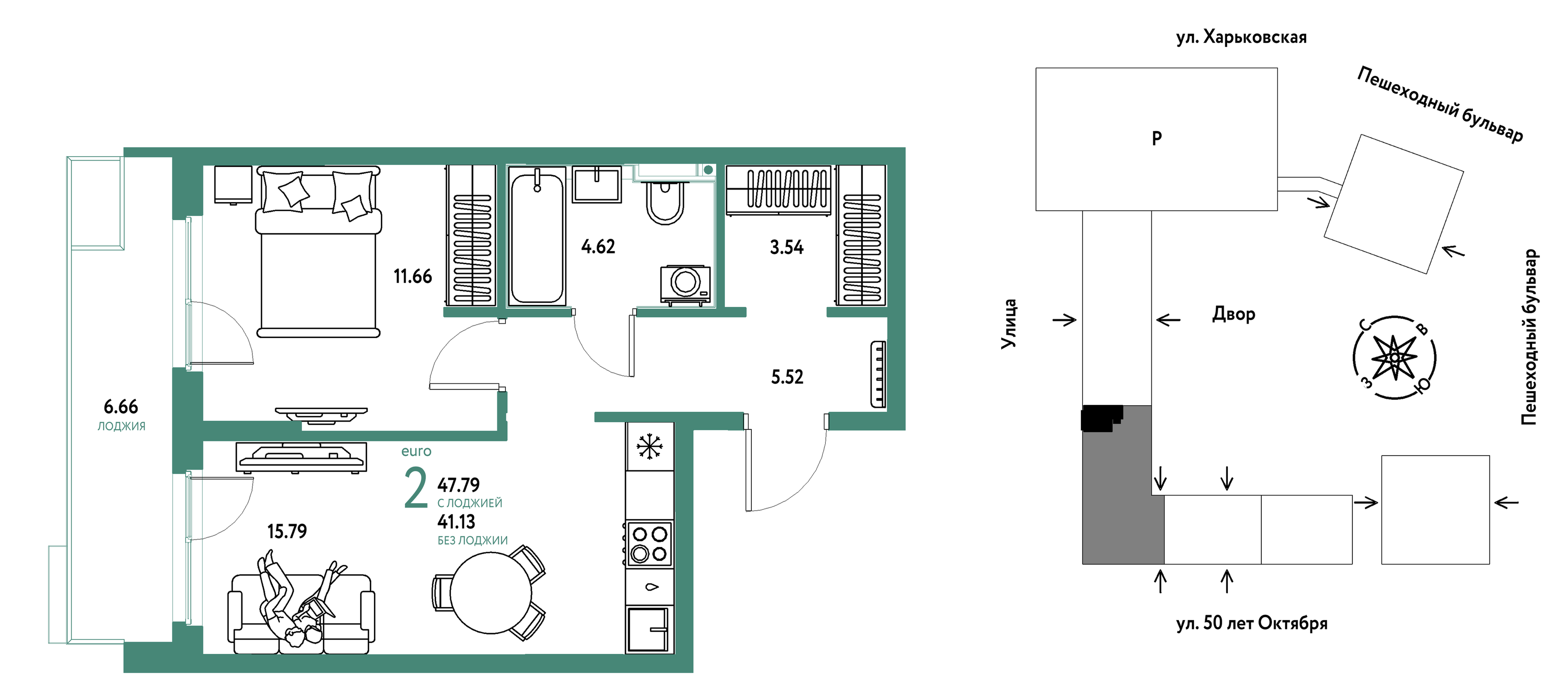 Планировка: Евродвушка 47.8 м² в ЖК Сердце Сибири, Центр: КПД