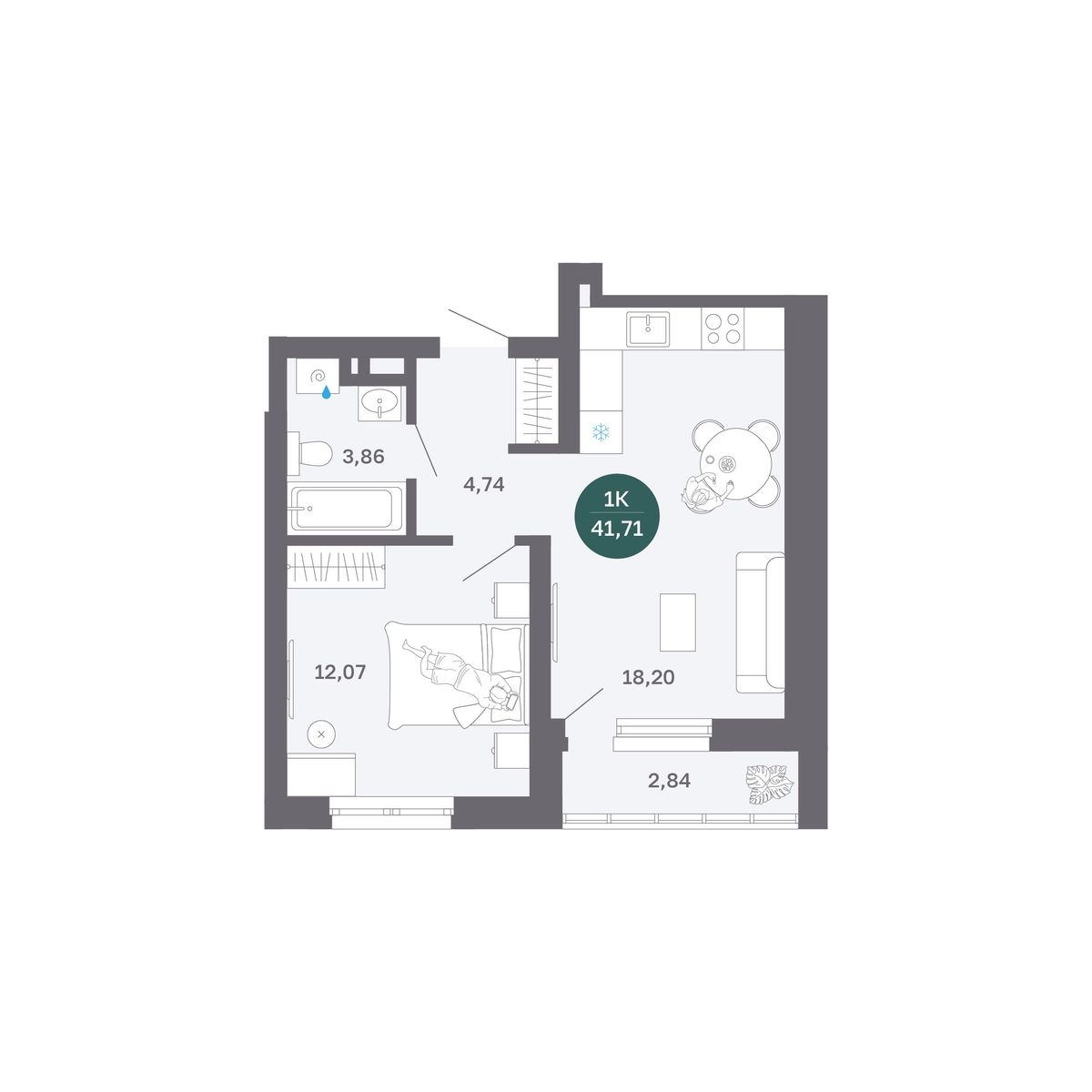 Планировка: Евродвушка 41.7 м² в ЖК Румянский, Центр: Студгородок