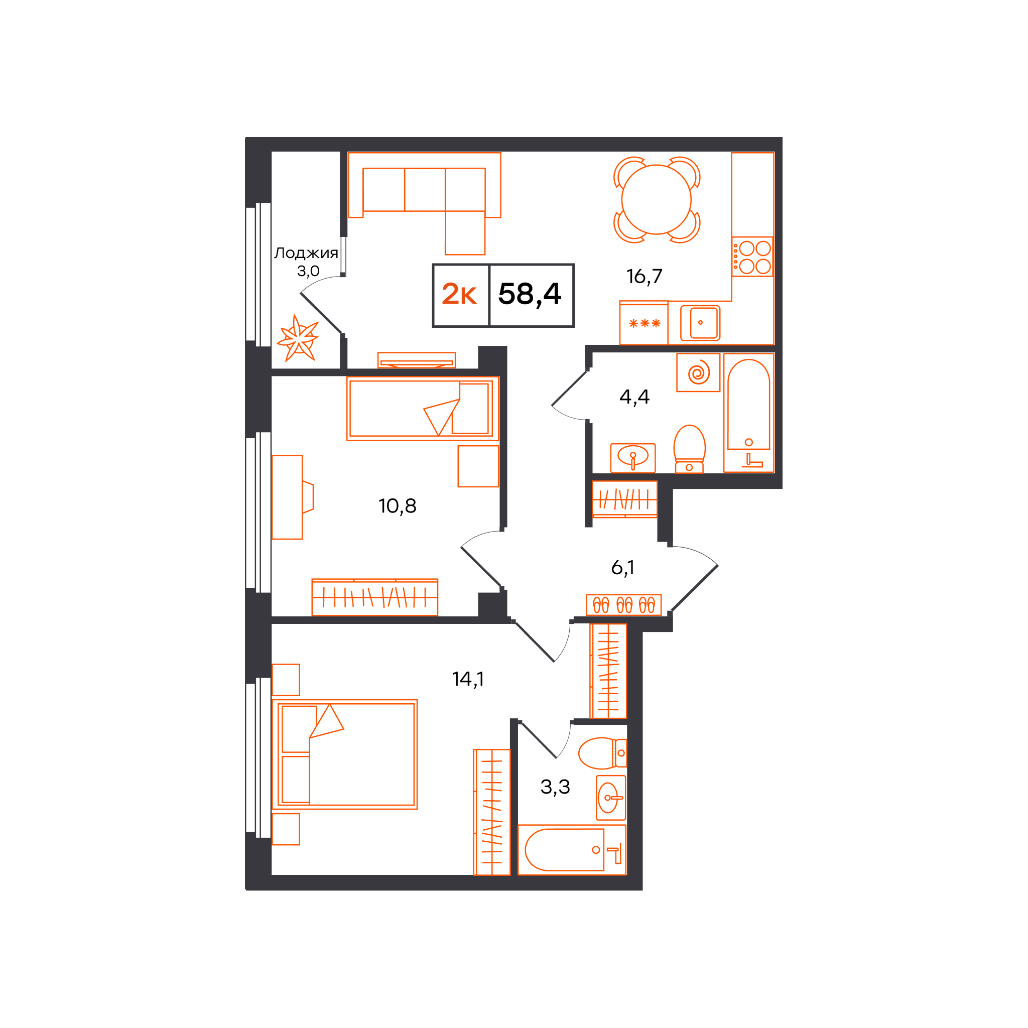 Планировка: Евротрешка 58.4 м² в ЖК Отличие, Комарово Парк