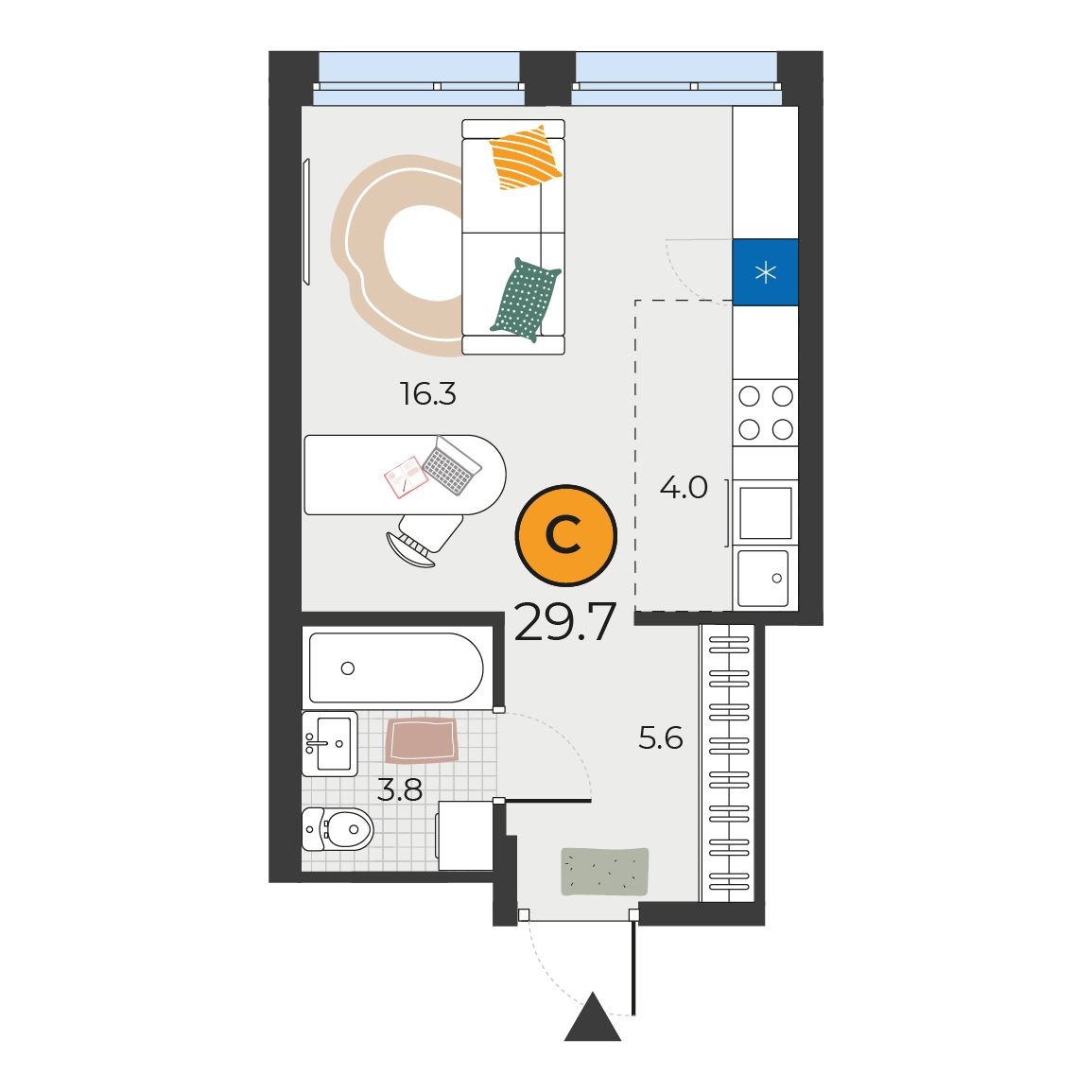 Планировка: Студия 29.7 м² в ЖК Корней, Южный