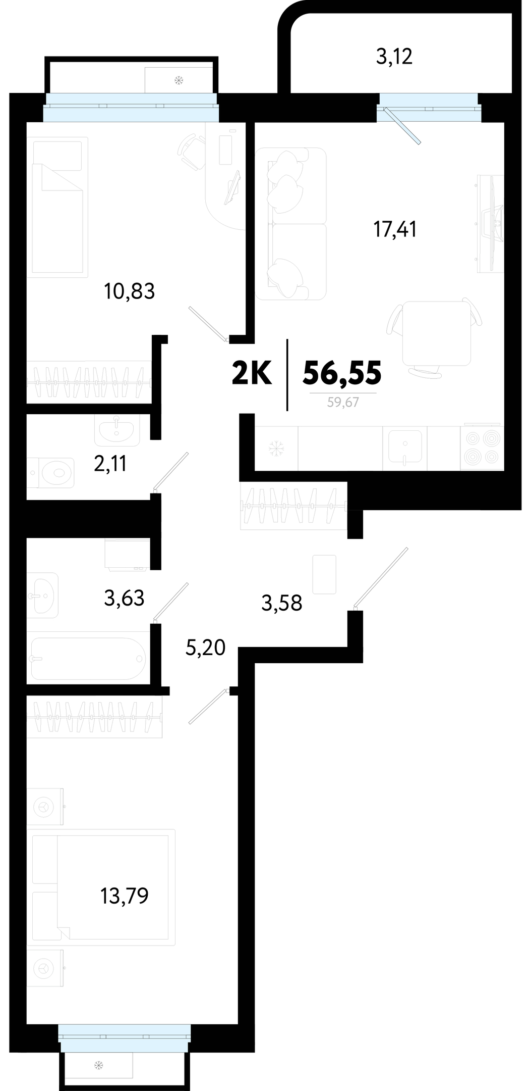 Планировка: Евротрешка 56.5 м² в ЖК Символ, Комарово Парк