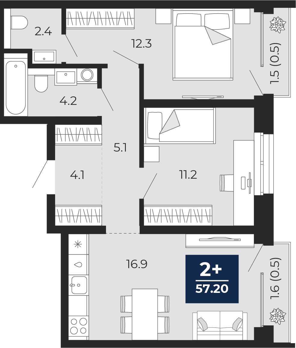 Планировка: Евротрешка 56.2 м² в ЖК Мириады, Мыс