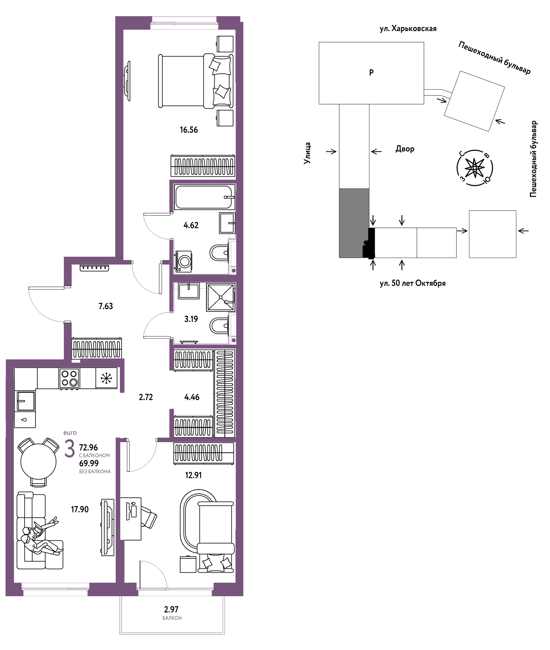 Планировка: Евротрешка 73 м² в ЖК Сердце Сибири, Центр: КПД