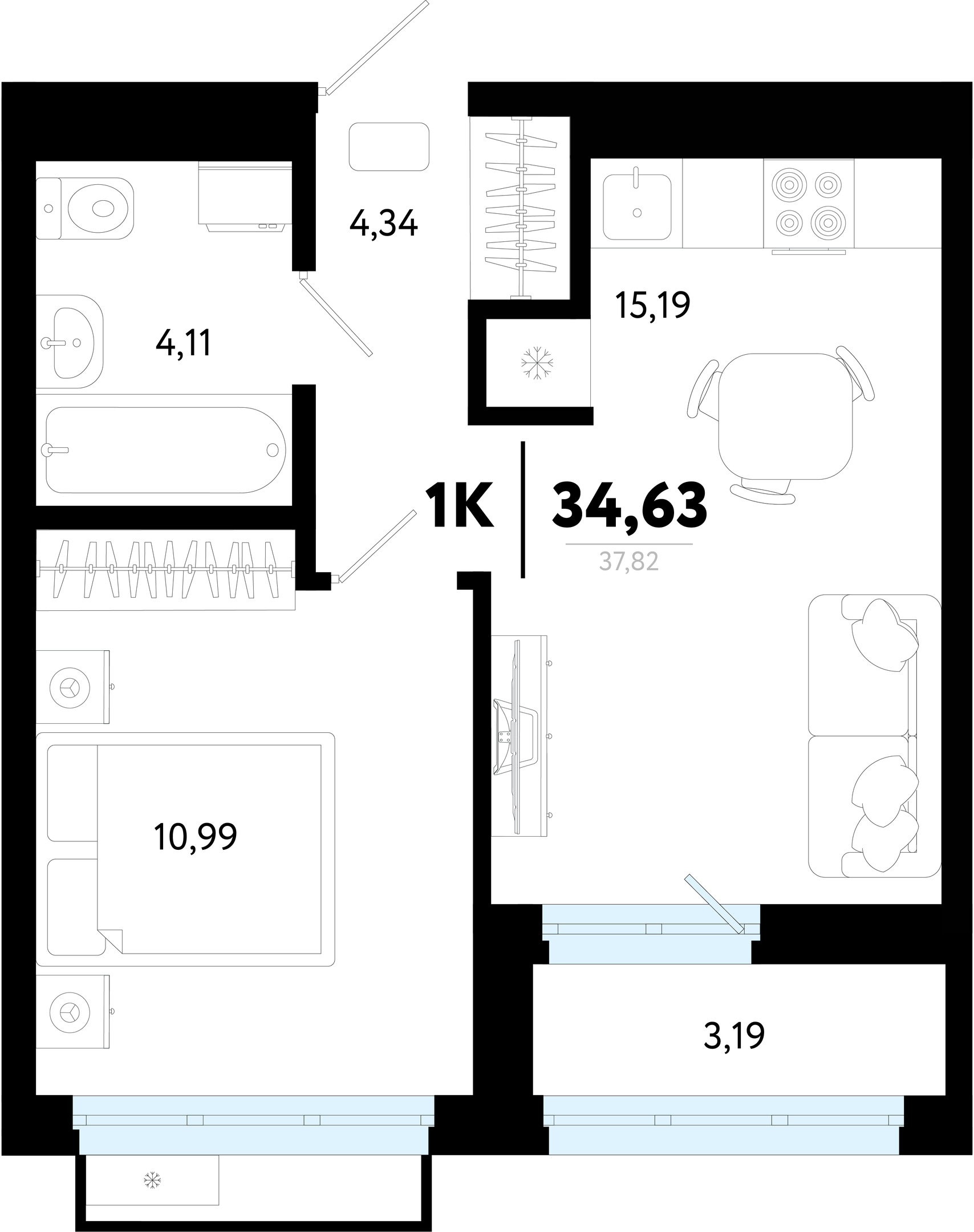 Планировка: Евродвушка 34.6 м² в ЖК Символ, Комарово Парк