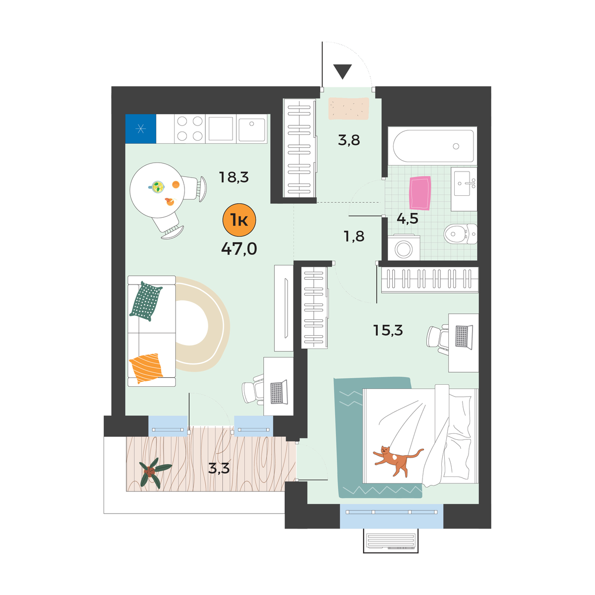 Планировка: Евродвушка 44.7 м² в ЖК Корней, Южный