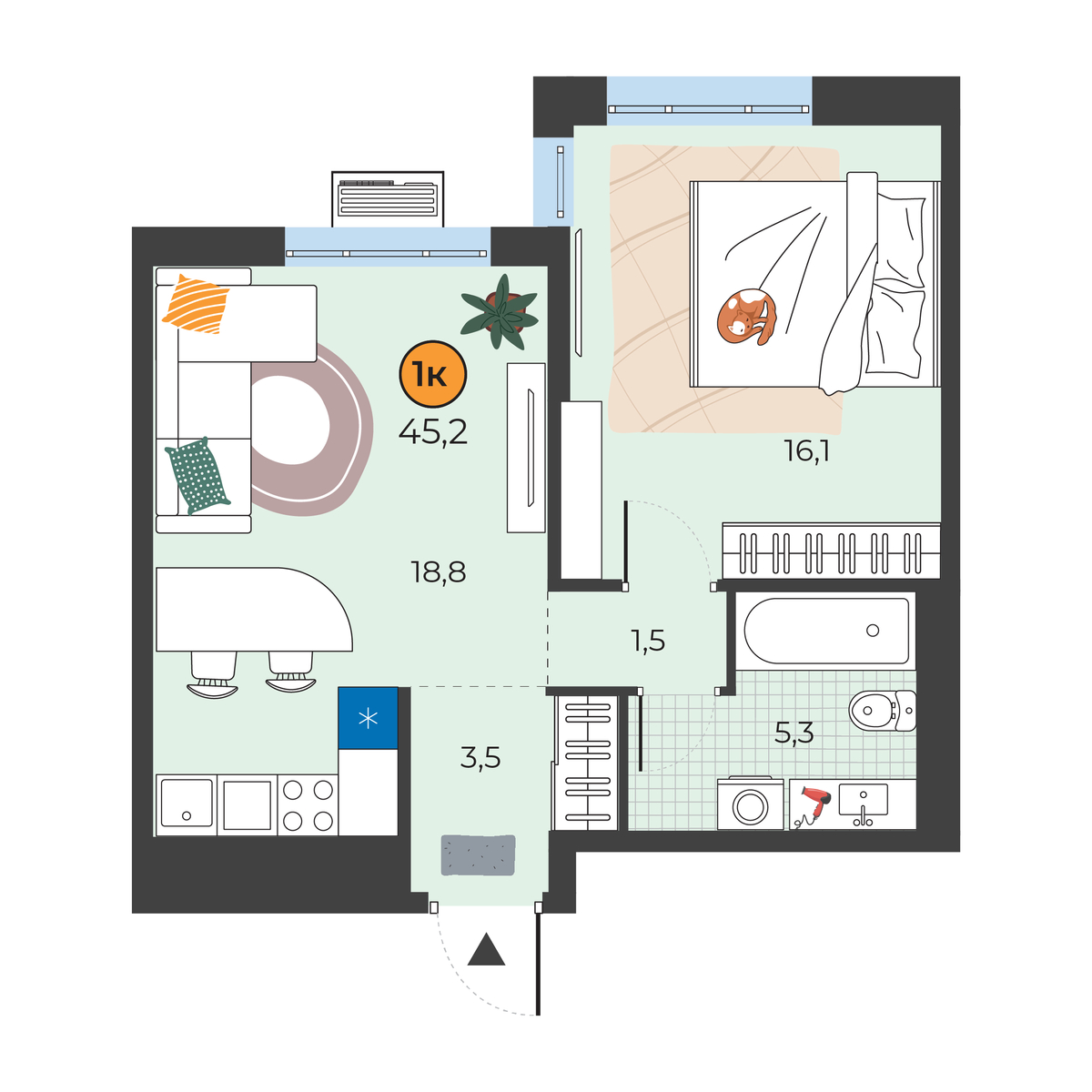 Планировка: Евродвушка 45.2 м² в ЖК Корней, Южный