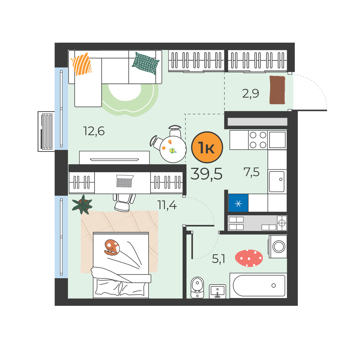 Планировка: Евродвушка 39.5 м² в ЖК Корней, Южный