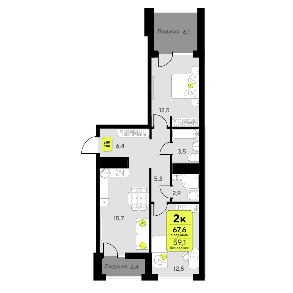 Планировка: Евротрешка 67.6 м² в ЖК Мотивы, От Плеханова до Южного