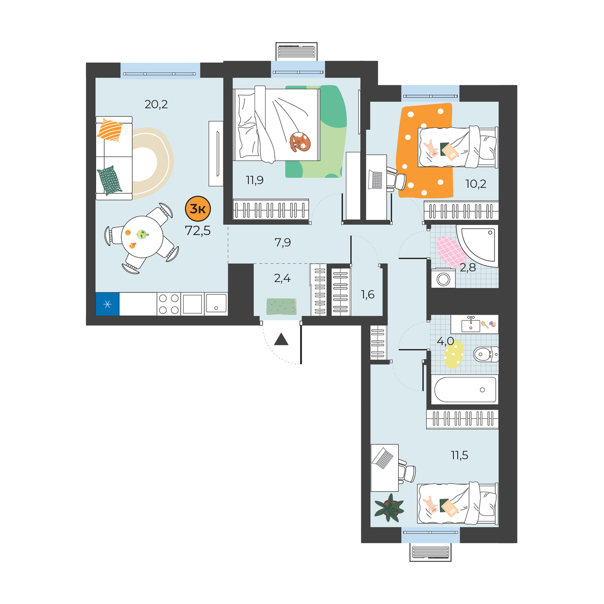 Планировка: 4-комнатная евро 72.5 м² в ЖК Корней, Южный