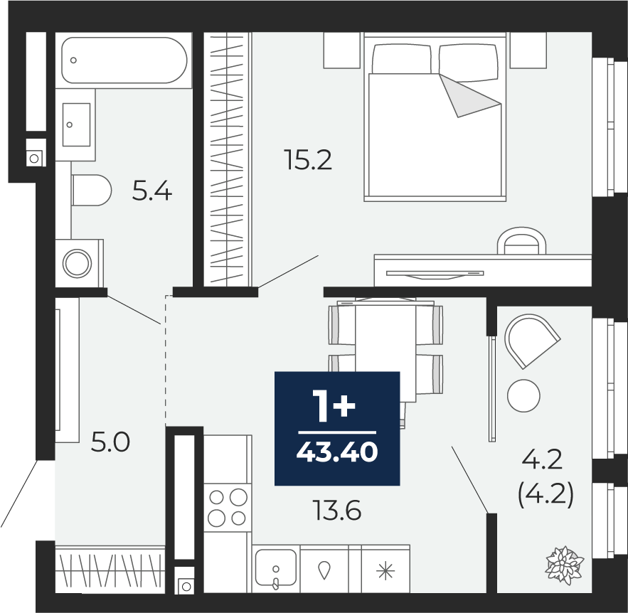 Планировка: Евродвушка 43.4 м² в ЖК Мириады, Мыс