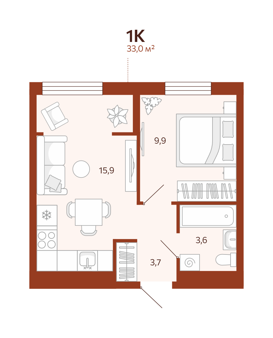Планировка: Евродвушка 33 м² в ЖК Новатор, Центр: КПД