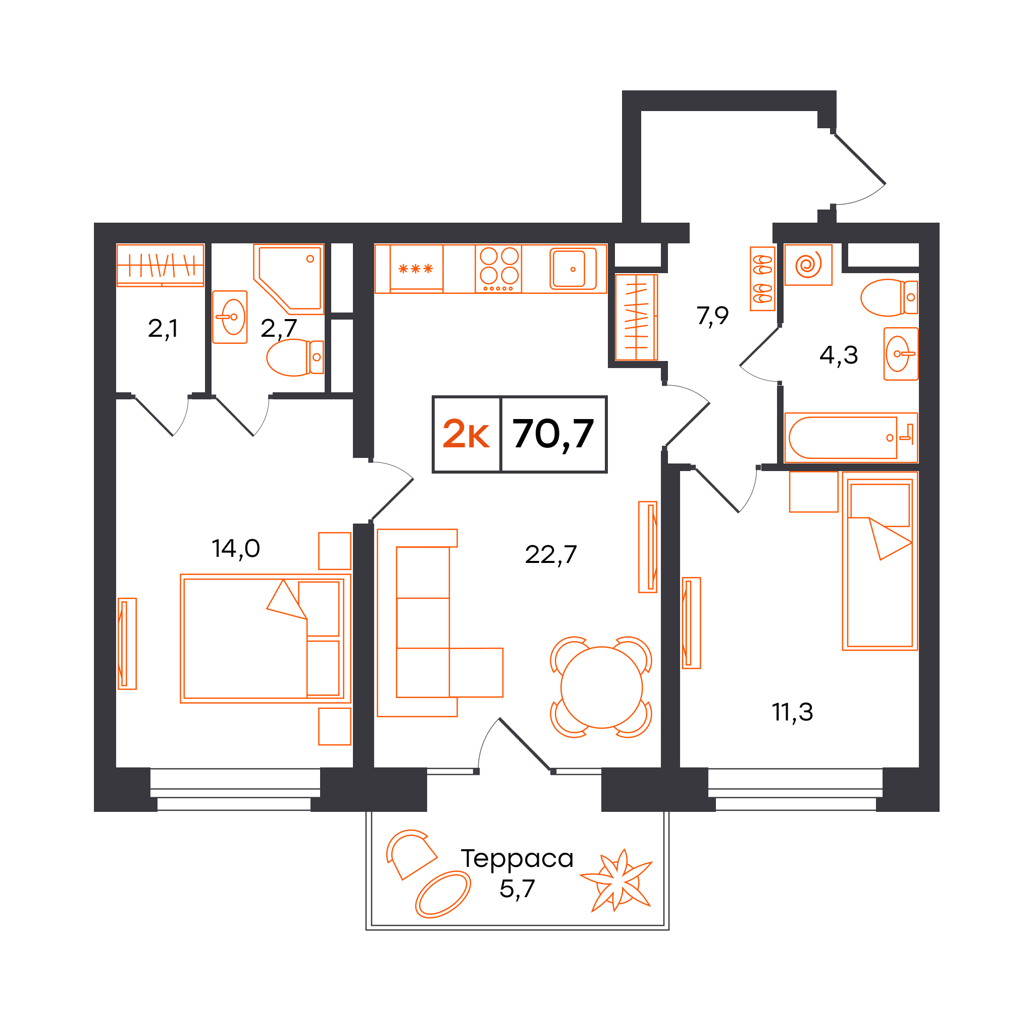 Планировка: Евротрешка 70.7 м² в ЖК Отличие, Комарово Парк
