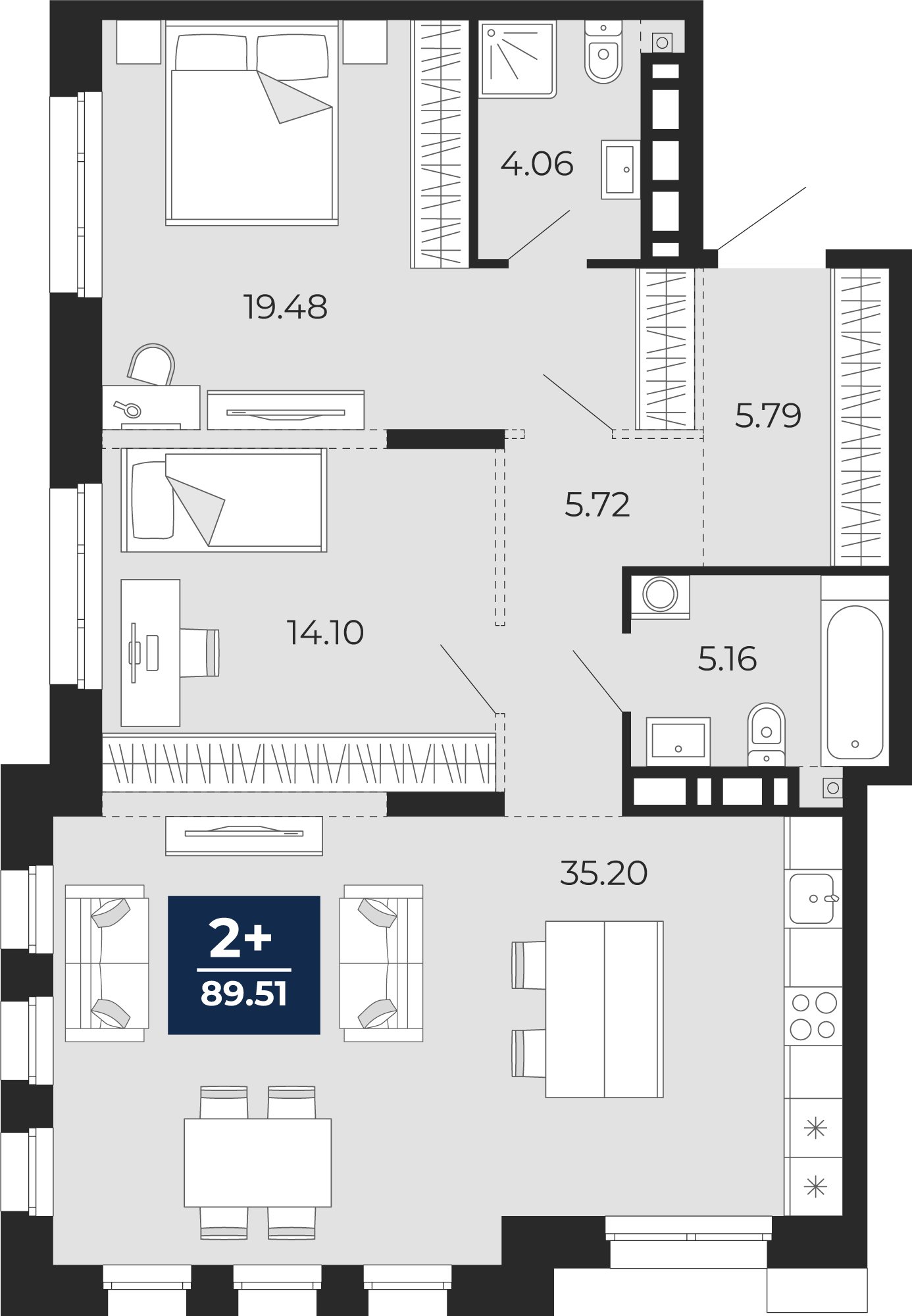 Планировка: Евротрешка 89.5 м² в ЖК Айвазовский, 5-й Заречный
