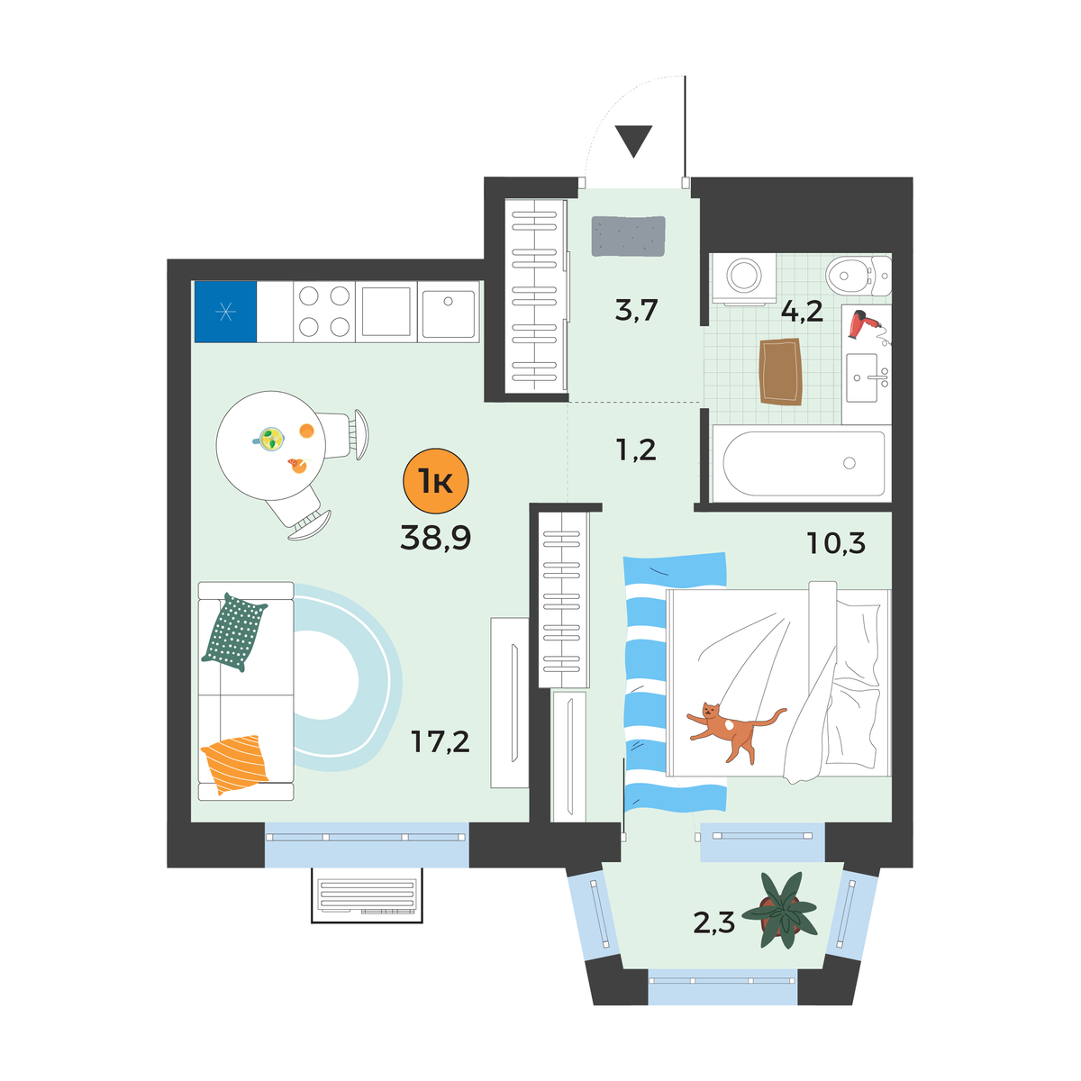 Планировка: Евродвушка 37.3 м² в ЖК Корней, Южный