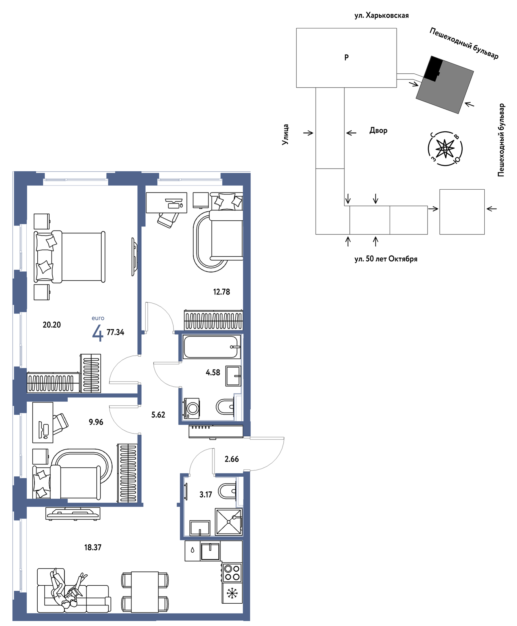 Планировка: 4-комнатная евро 77.3 м² в ЖК Сердце Сибири, Центр: КПД