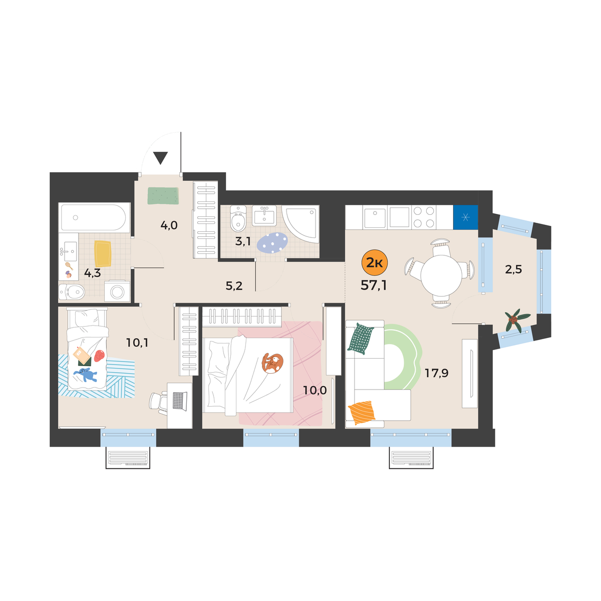 Планировка: Евротрешка 55.4 м² в ЖК Корней, Южный