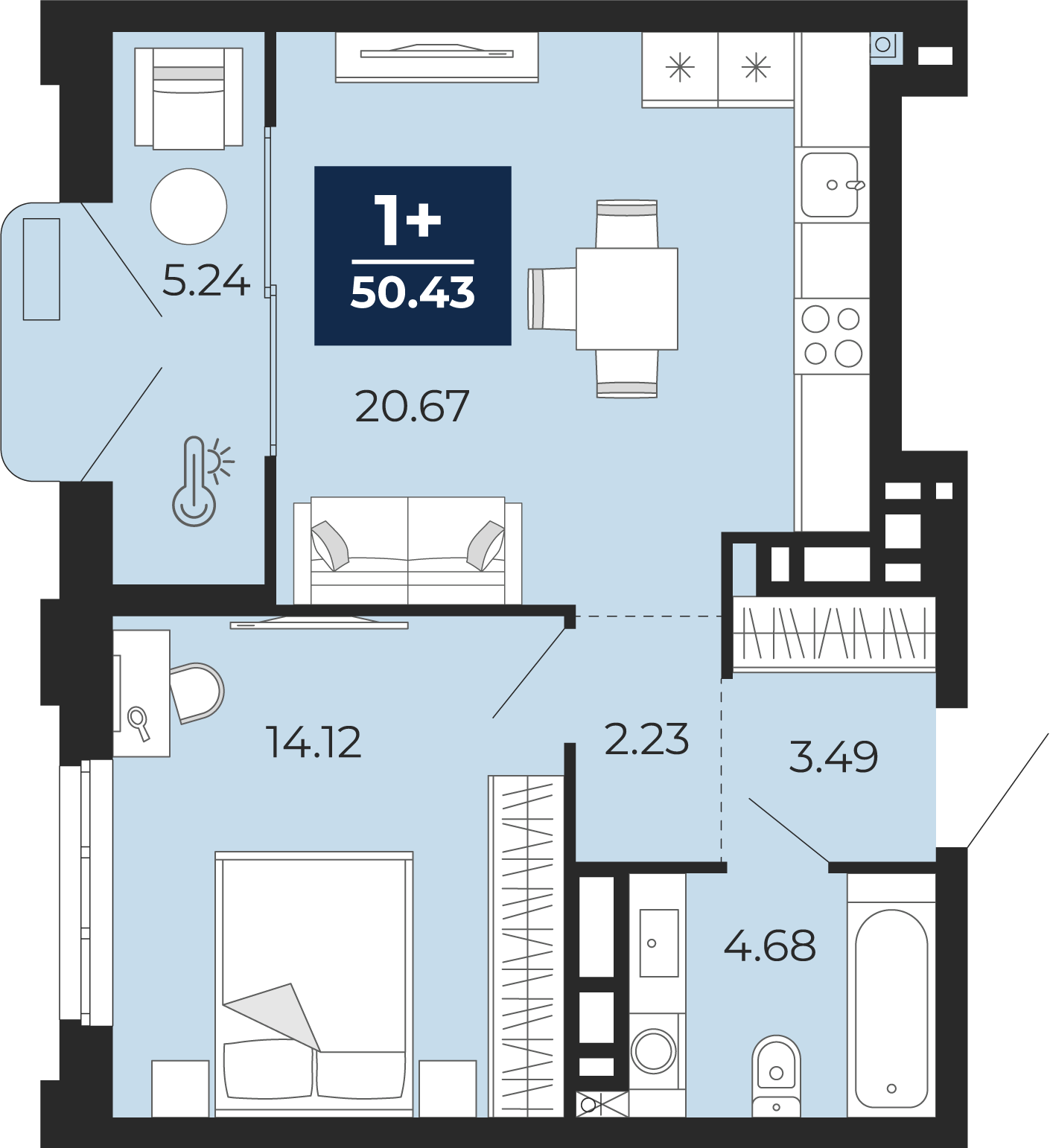 Планировка: Евродвушка 50.4 м² в ЖК Айвазовский, 5-й Заречный
