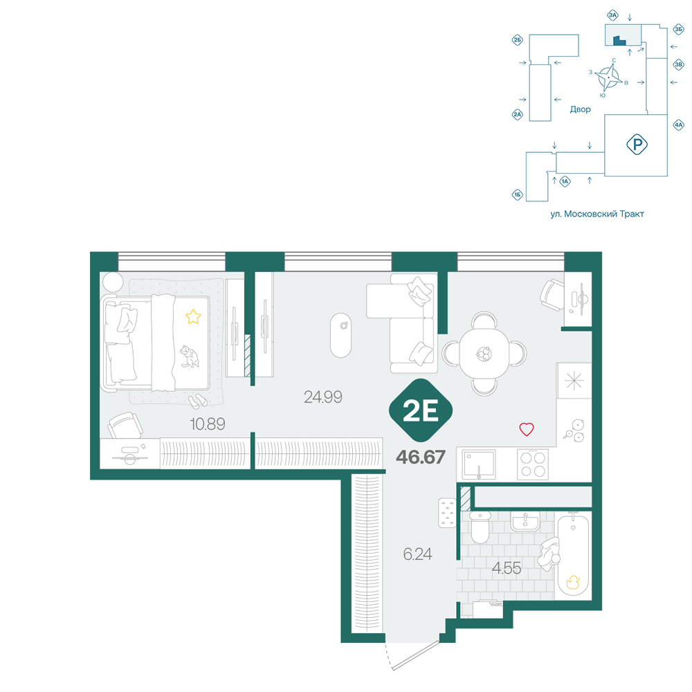Планировка: Евродвушка 46.7 м² в ЖК Сибирский, Московский тракт