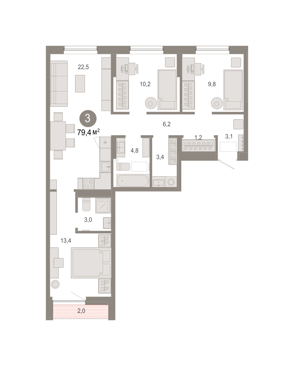 Планировка: 4-комнатная евро 79.4 м² в ЖК Октябрьский на Туре, ДОК