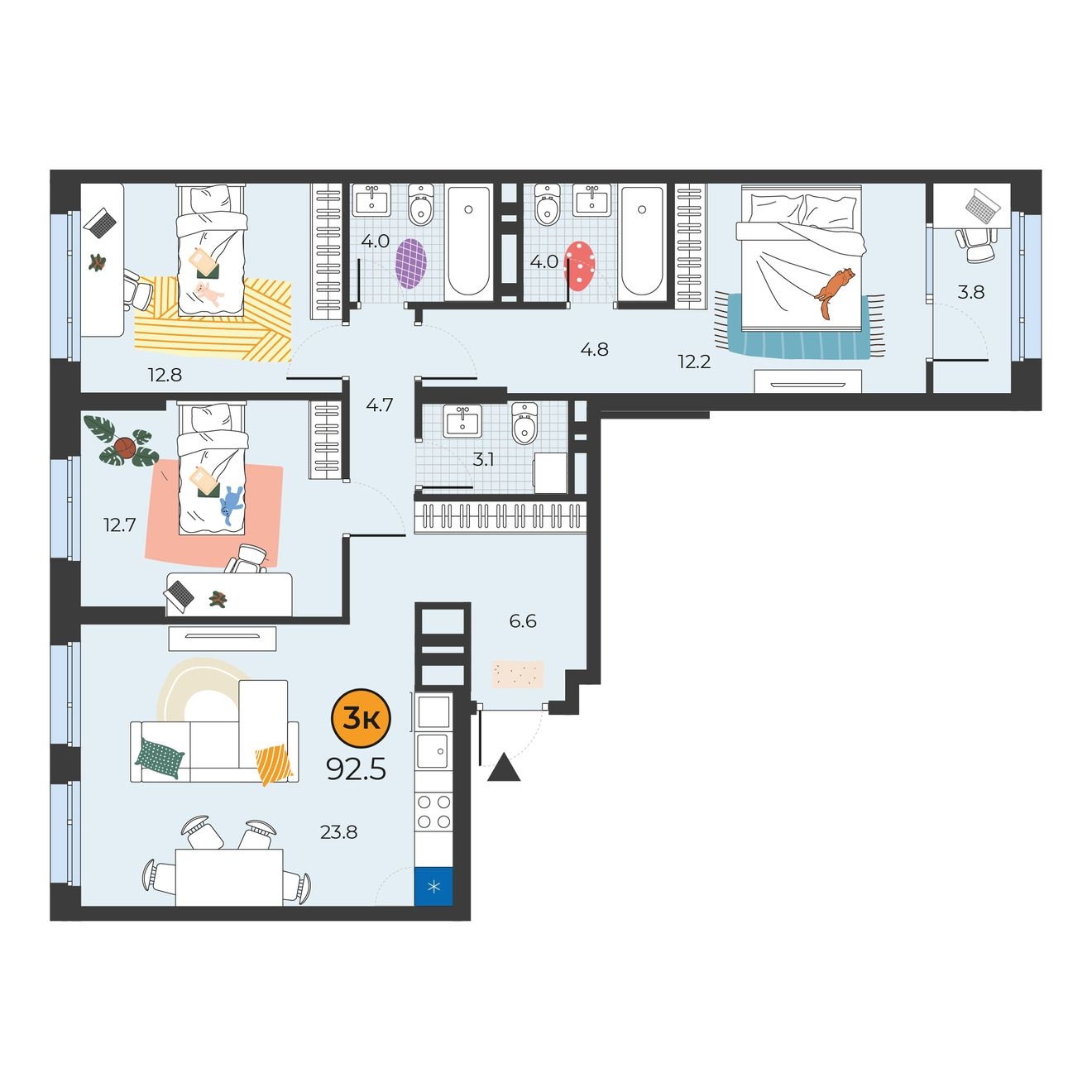 Планировка: 4-комнатная евро 92.5 м² в ЖК Корней, Южный