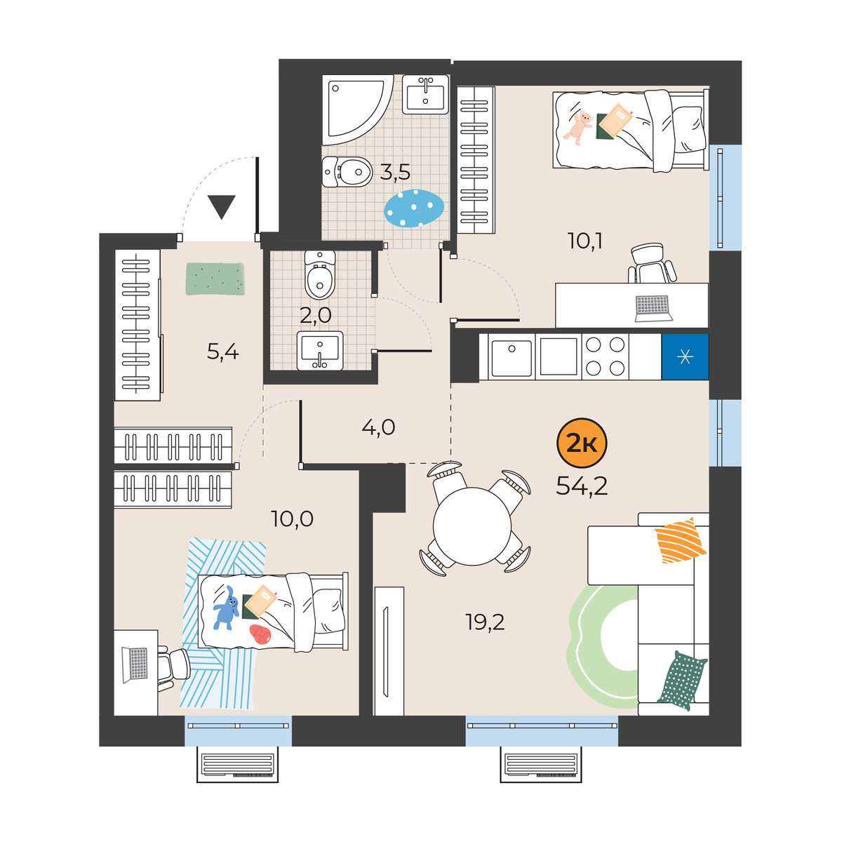 Планировка: Евротрешка 54.2 м² в ЖК Корней, Южный