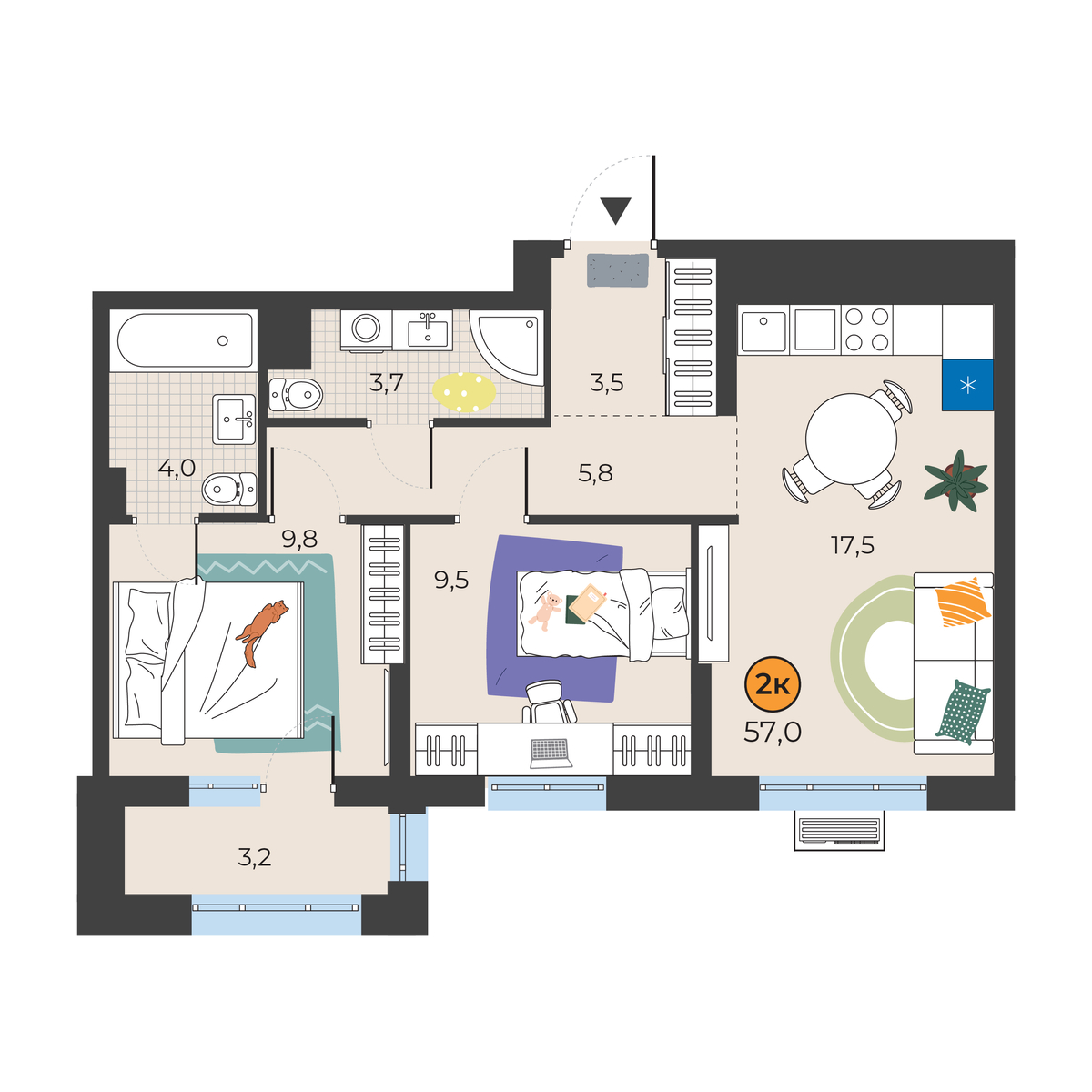 Планировка: Евротрешка 54.8 м² в ЖК Корней, Южный