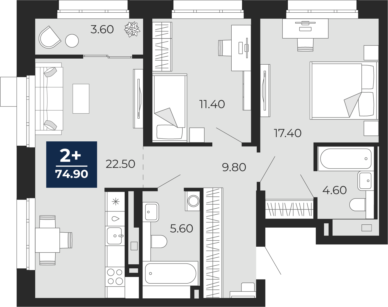 Планировка: Евротрешка 71.3 м² в ЖК Айвазовский, 5-й Заречный