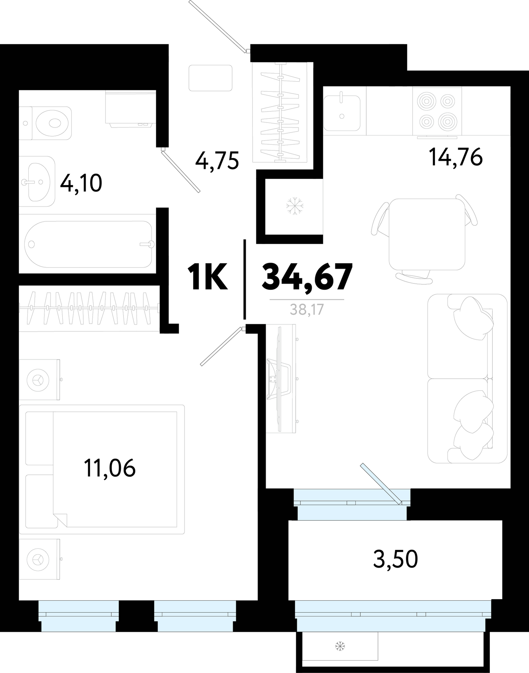 Планировка: Евродвушка 34.7 м² в ЖК Символ, Комарово Парк