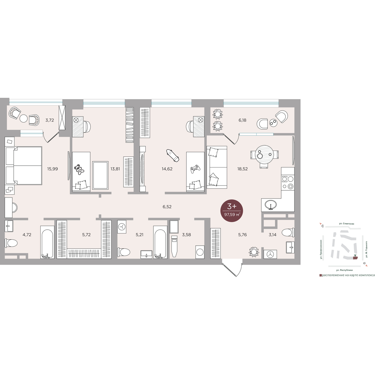 Планировка: 4-комнатная евро 97.6 м² в ЖК Авторский квартал "Машаров", Центр: Драмтеатр