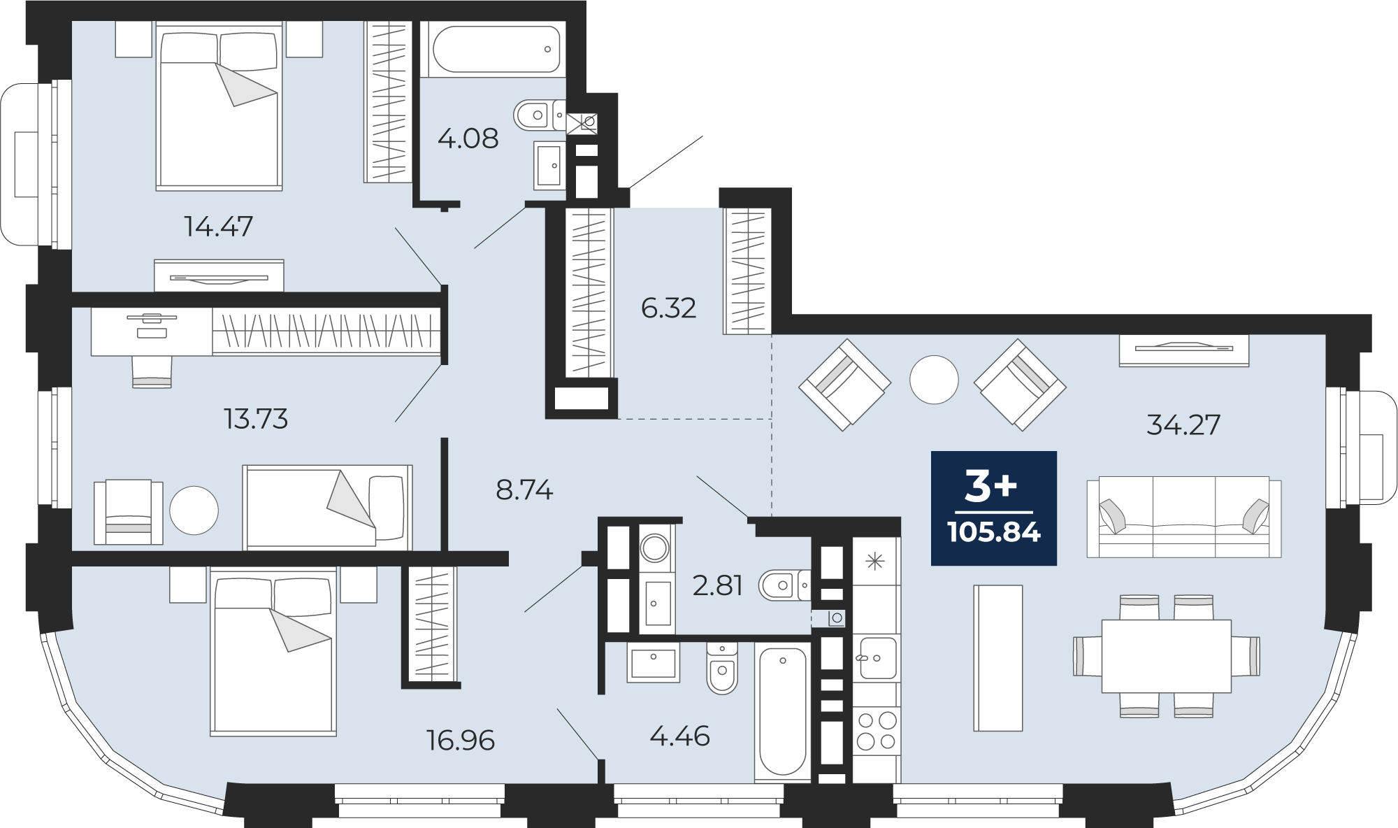 Планировка: 4-комнатная евро 105.8 м² в ЖК Айвазовский, 5-й Заречный