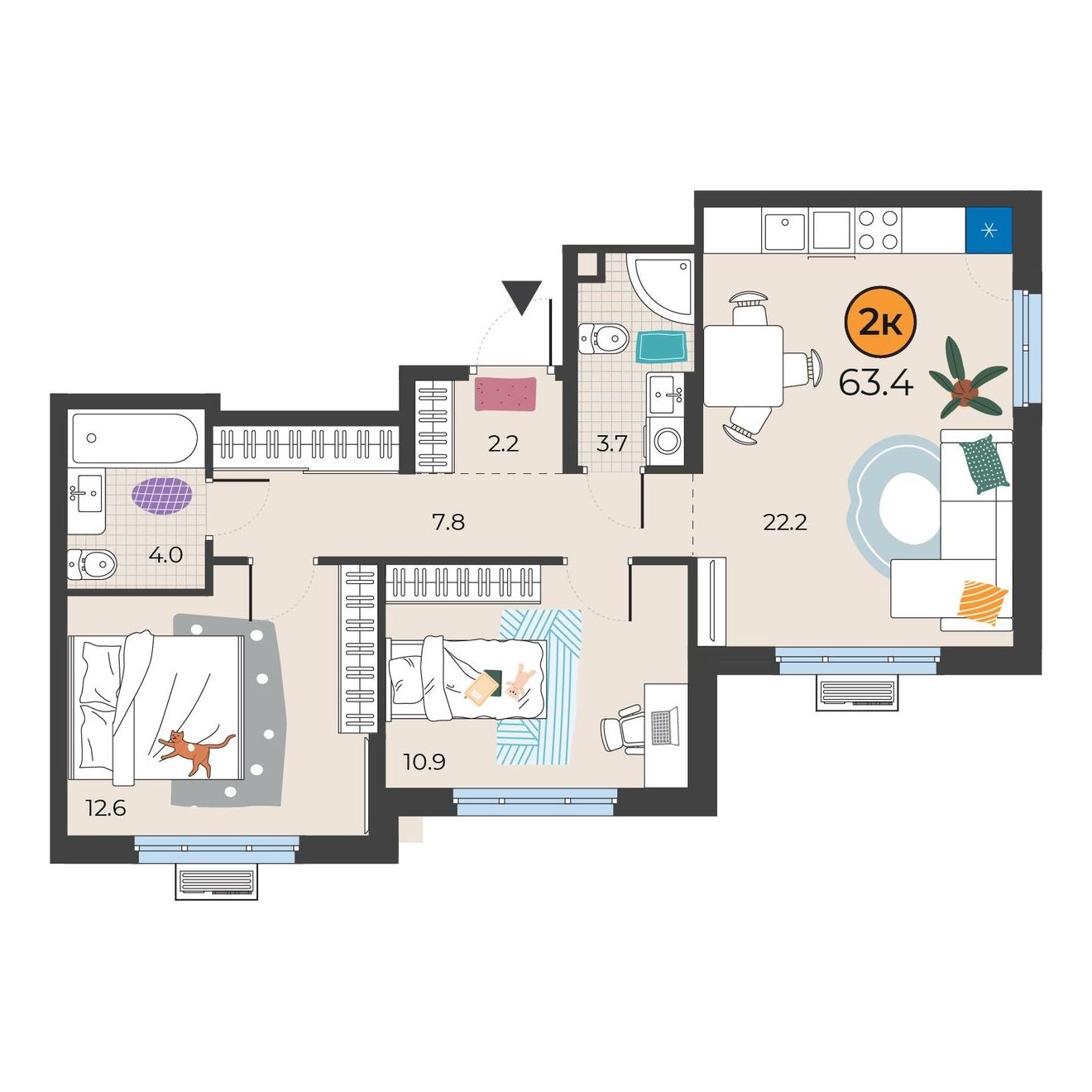 Планировка: Евротрешка 63.4 м² в ЖК Корней, Южный