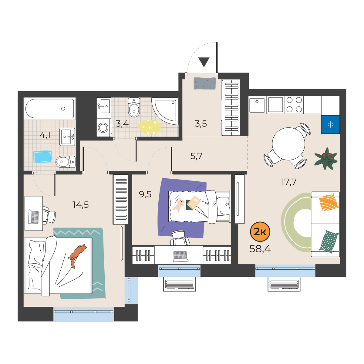 Планировка: Евротрешка 58.4 м² в ЖК Корней, Южный