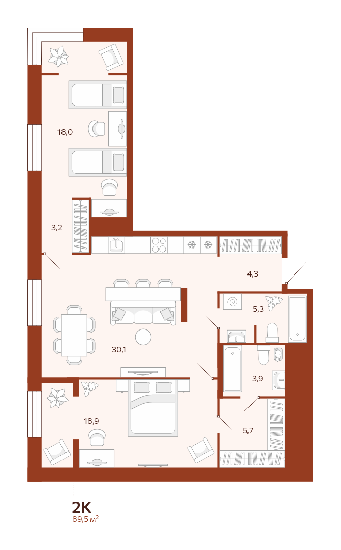 Планировка: Евротрешка 89.5 м² в ЖК Новатор, Центр: КПД