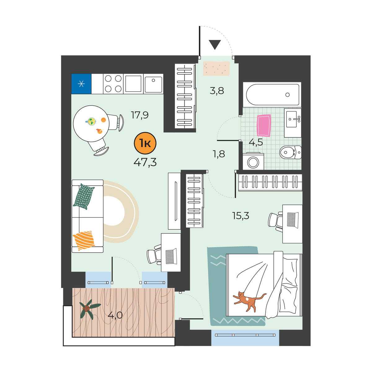 Планировка: Евродвушка 44.5 м² в ЖК Корней, Южный